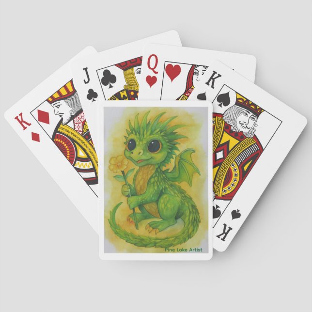 Dragón Verde Bebé Trayendo una Flor Cartas de Jueg (Reverso)
