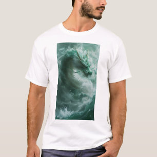 Dragón verde mágico y blanco nadando en camiseta