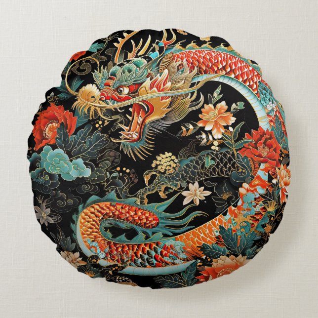 Dragón y flores asiáticas rodean a la almohada (Anverso)