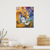 Dragón y gato blanco en bosque Acuarela Arte Fino