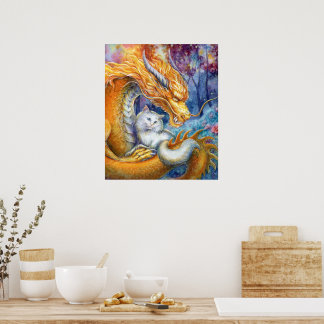 Dragón y gato blanco en bosque Acuarela Arte Fino