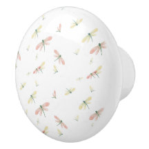 Dragonflies rosas y amarillas en el pomo de cerámi