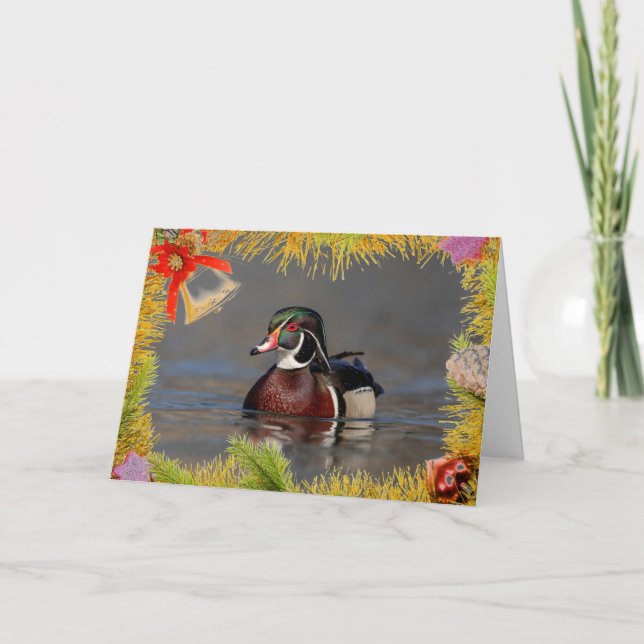 Drake de pato de madera en una tarjeta de Navidade (Anverso)