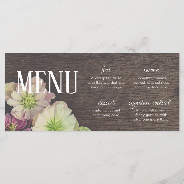 DRAMATIC Garden Hellebore Wood and White Menu Card (Anverso)