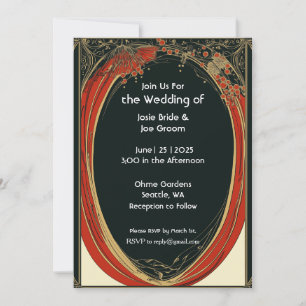 Dramática invitación a la boda de Art Nouveau rojo
