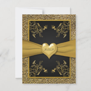 Dramática tarjeta RSVP de Corazón Negro y Oro