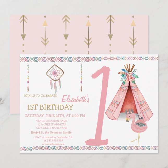 Dream Catcher, Arrows, FlamingoBirthday Invitación (Anverso / Reverso)