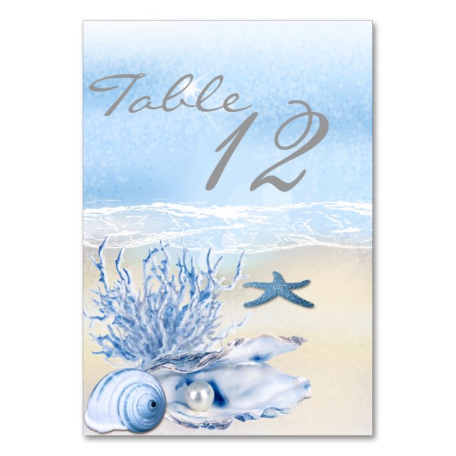 Dream Shore Beach Tarjeta de mesa de Boda azul (Reverso)