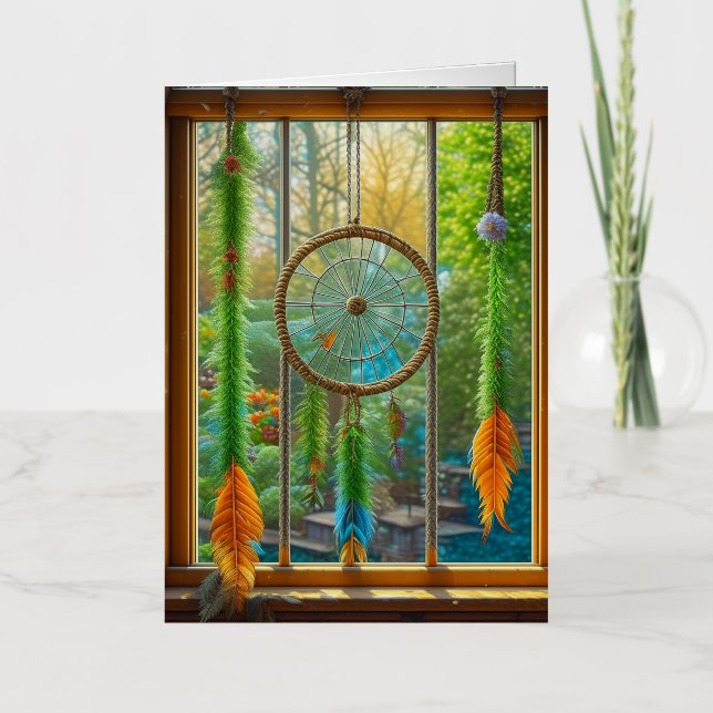 Dreamcatcher con plumas azules, verdes y Naranjas (Anverso)