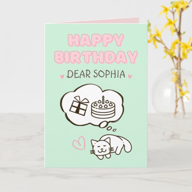 Dreaming Cat&Cake&Gift Tarjeta de cumpleaños feliz (flor amarilla)