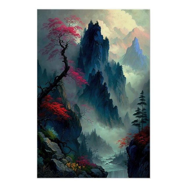 Dreamy Misty Mountain Landscape Glossy Poster (Anverso)