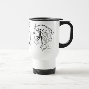 Dressage 3 caballos negros y taza blanca del viaje