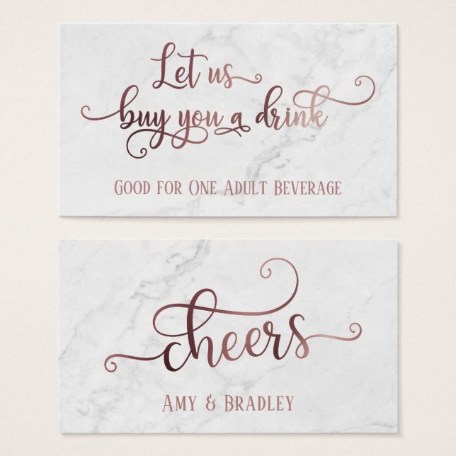 Drink Tickets | Rose Gold Script with White Marble (Anverso y reverso)