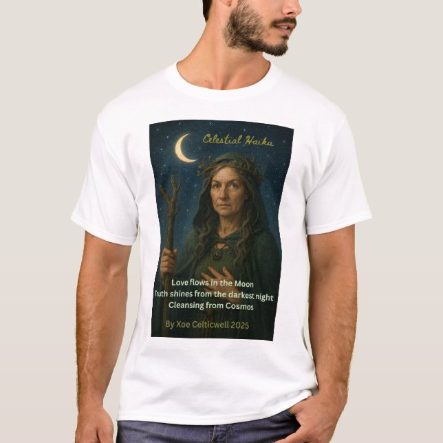 Druida mujer y poema en camiseta (Anverso)