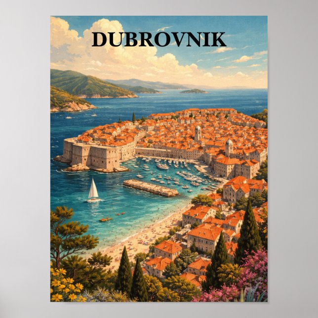 Dubrovenik Croacia Arte de Viaje Vintage (Frente)