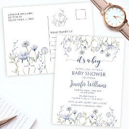Ducha azul floral para bebé niño Invitación Postca