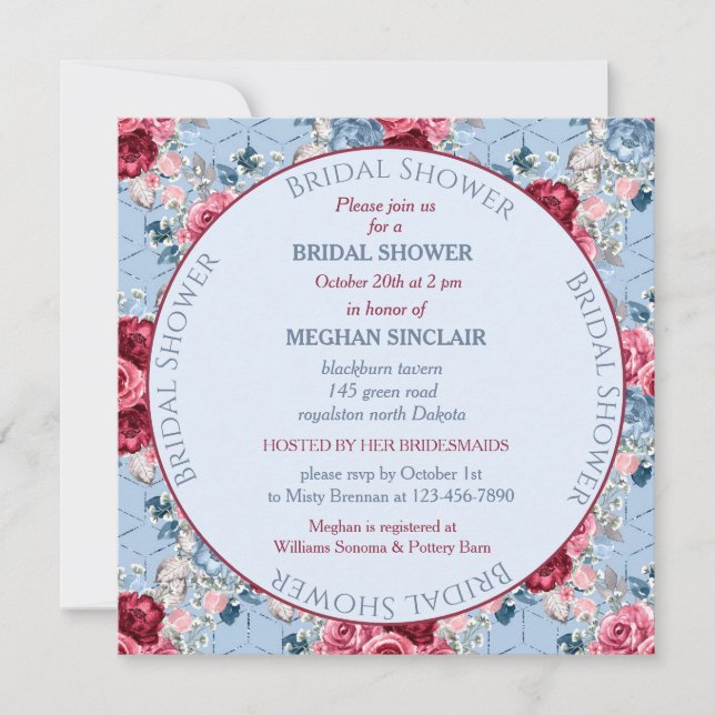 Ducha azul y borgoña en la ducha de novia (Anverso)