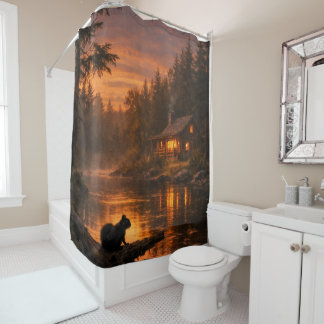Ducha Cabaña en el bosque al atardecer • Cortina de duch