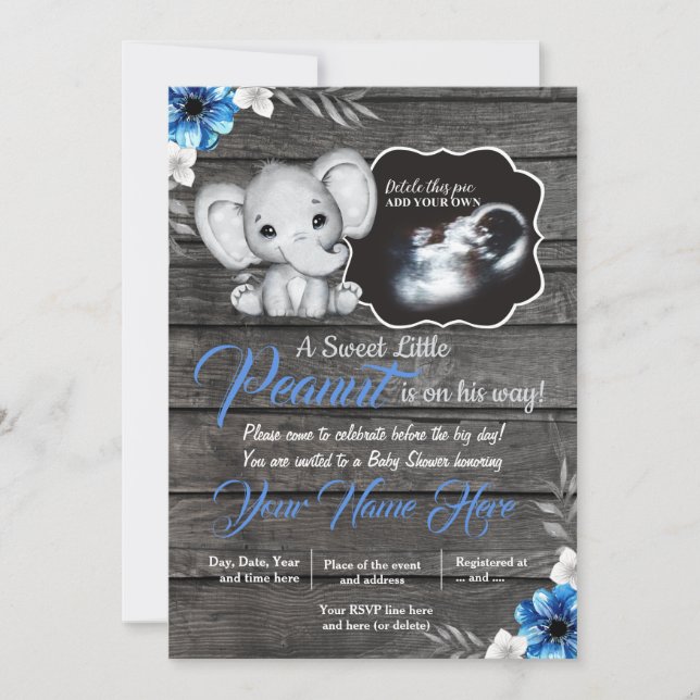 Ducha con invitación para niños de elefante rústic (Anverso)