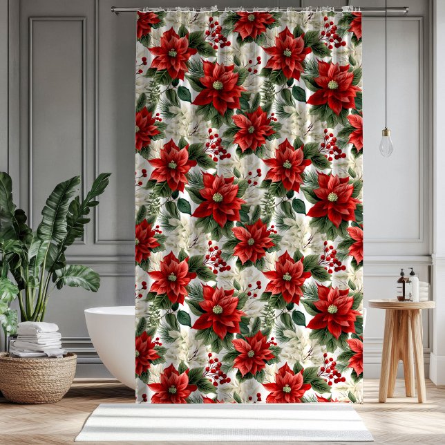 Ducha Cortina Clásica de Flores Rojas de Navidad Accesor (Red Floral Curtain Classic Christmas Bath Accent)