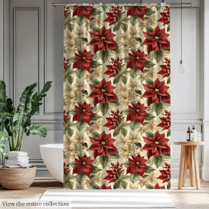 Ducha Cortina de acuarela con poinsettias de Navidad roj