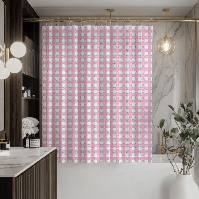 Ducha Cortina de Cuadro Rosa Mínimo Estilo Baño Moderno (Minimal Pink Plaid Curtain Modern Bath Style)