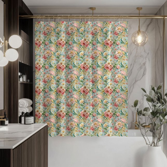 Ducha Cortina de flores pastel rococó inspirada en acent (Pastel Bloom Curtain Rococo-Inspired Bath Accent)