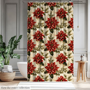 Ducha Cortina de Navidad Rústica Roja Poinsettia Vintage