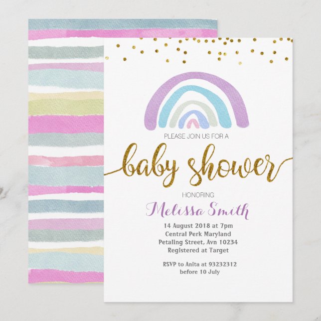 Ducha de bebé arco iris púrpura Tarjeta de invitac (Anverso / Reverso)