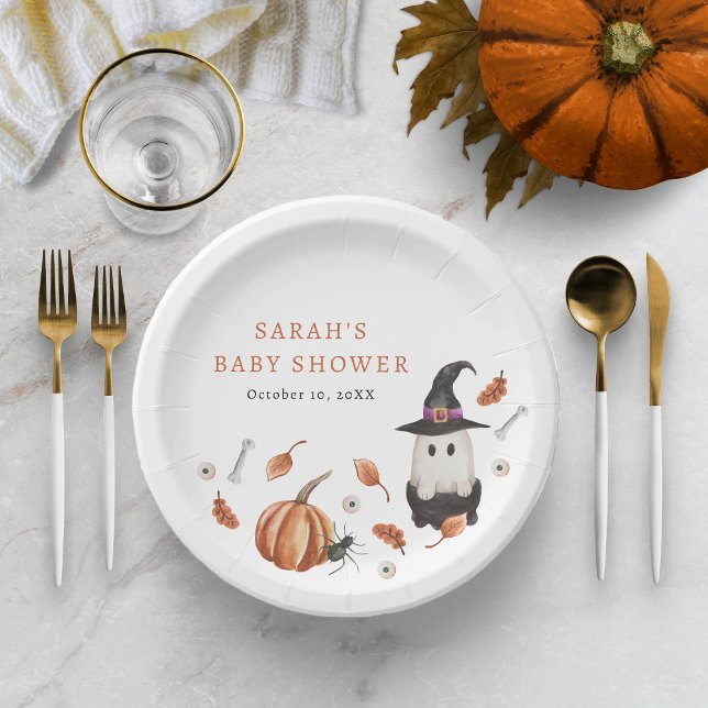 Ducha de Bebé de Halloween Plato de Papel (Halloween A Little Boo Is Almost Due Baby Shower - Autumn Leaves Ghost Paper Plate Party Decor)