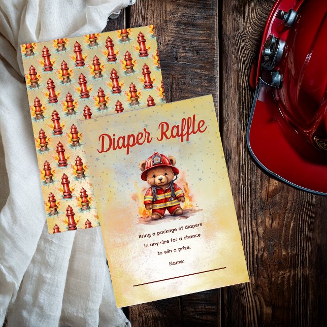 Ducha de bebé del pequeño bombero oso, rifa de pañ (Little Firefighter Teddy Bear Diaper Raffle Card)
