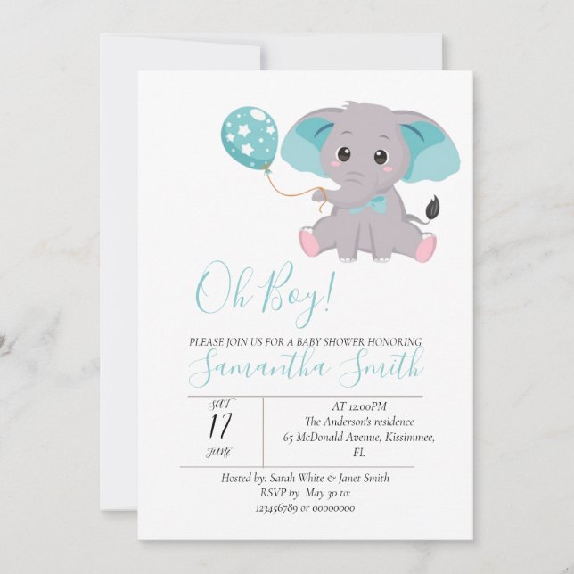 ducha de bebé elefante Blue Balloon Invitación (Anverso)