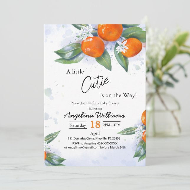 Ducha de bebé Invitaciones decoradas con mandarina (Anverso de pie)