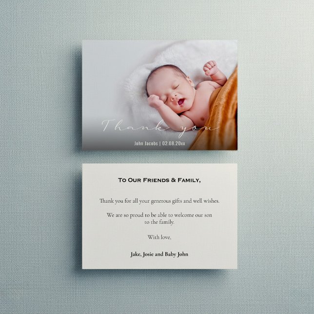 Ducha de bebé moderna, nena, tarjeta de agradecimi (Modern baby shower, baby boy, thank you card with message and full cover photo.)