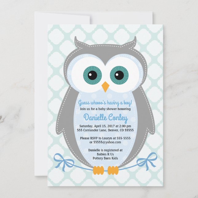 Ducha de búho invitaciones a los niños menta gris  (Anverso)
