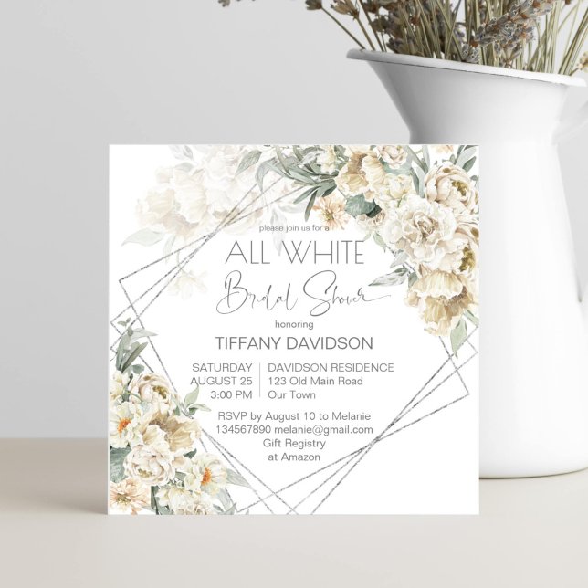 Ducha de novia de temática blanca marco plateado f (White themed bridal shower floral invitation template silver geometrical frame white flowers)