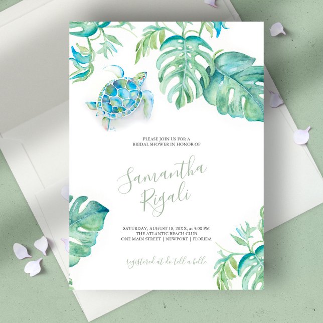 Ducha de novia de tortuga marina de hojas tropical (bridal shower invitation tropical watercolor sea turtle by Victoria Grigaliunas)