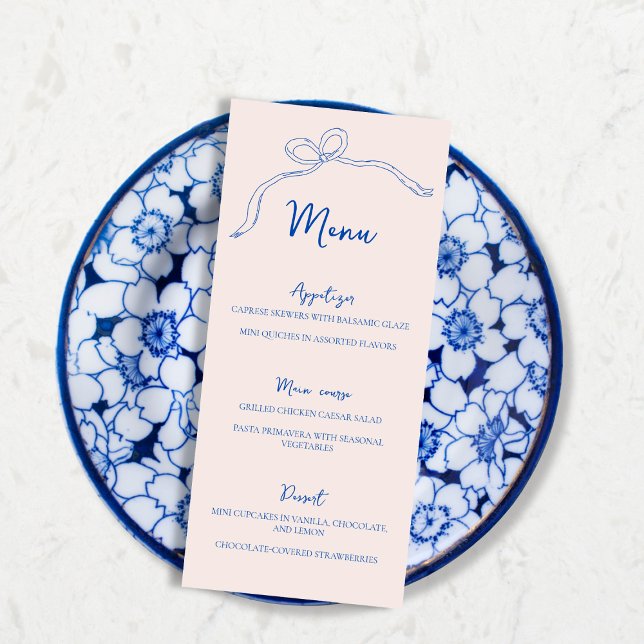 Ducha de novia dibujada a mano azul de menú (Menu Blue Bow Hand Drawn Bridal Shower)