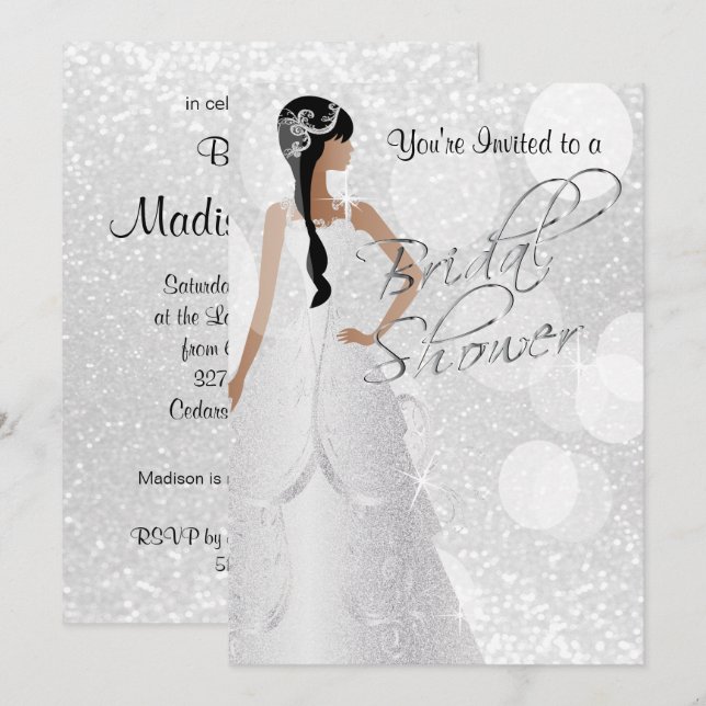 Ducha de novia en invitación de Purpurina blanco (Anverso / Reverso)