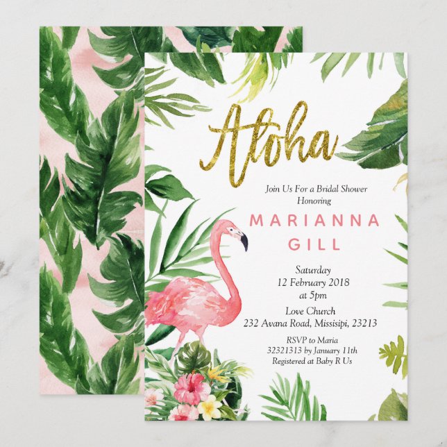 Ducha de novia Flamingo Invitación (Anverso / Reverso)