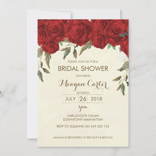 Ducha de novia floral invitación rosas rojas marfi (Anverso)