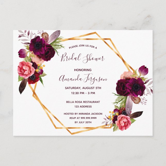 Ducha de novia invitación burgundy (Anverso)