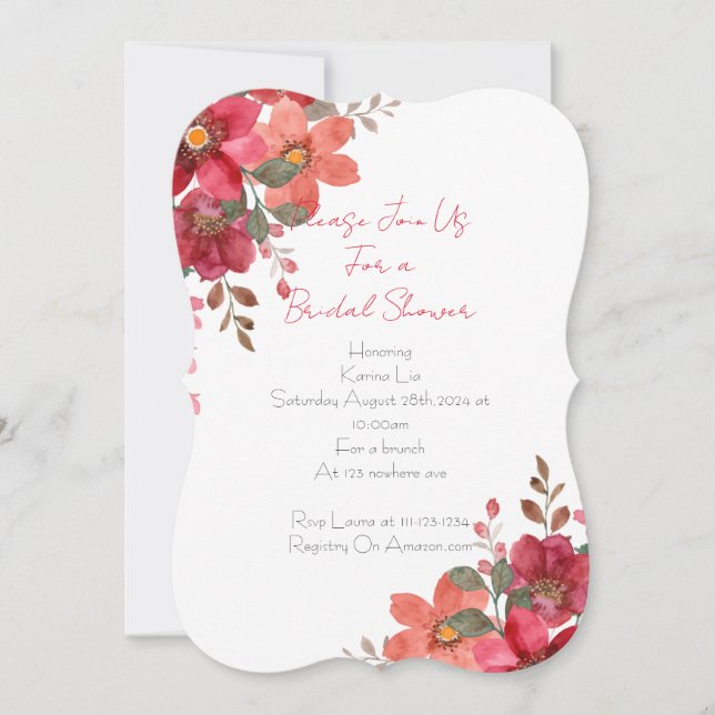 Ducha de novia Invitación diseño floral rosa (Anverso)
