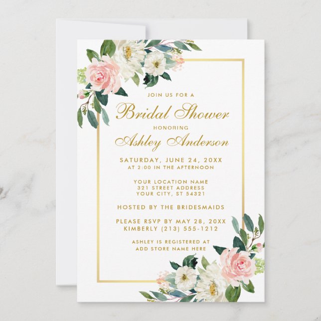 Ducha de novia Invitación floral de oro blanco ros (Anverso)