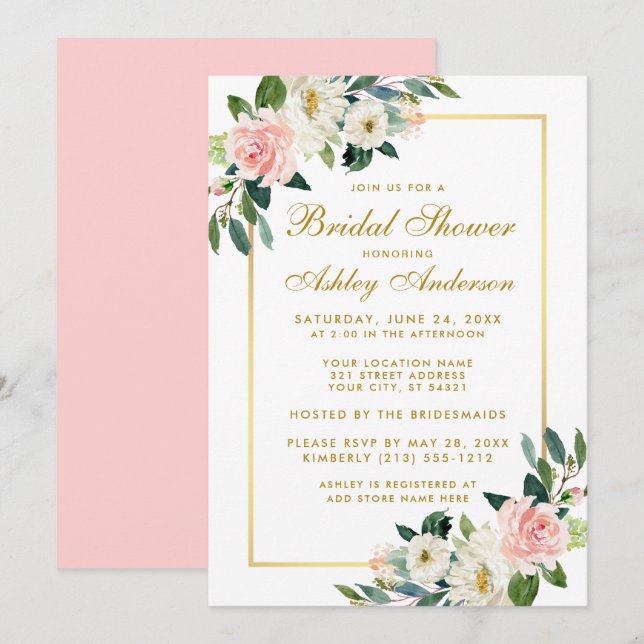 Ducha de novia Invitación floral de oro blanco ros (Anverso / Reverso)