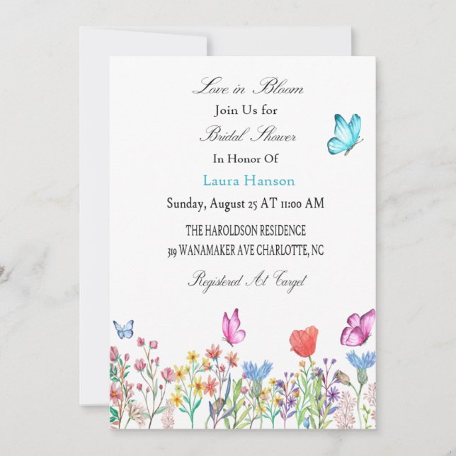 Ducha de novia Invitación mariposas azul/púrpura (Anverso)