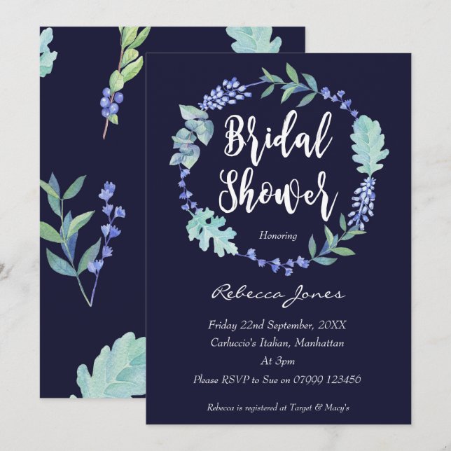 ducha de novia invitación moderna marina floral co (Anverso / Reverso)