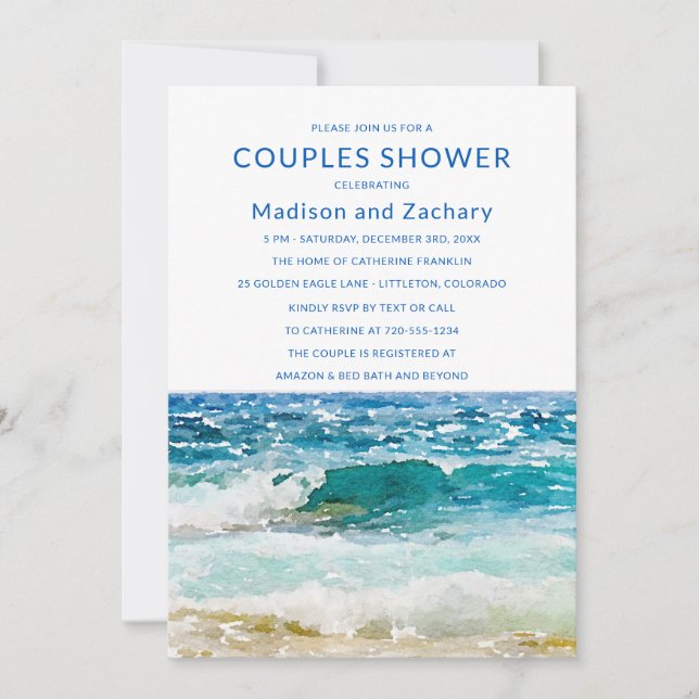 Ducha de parejas de boda en playa tropical (Anverso)