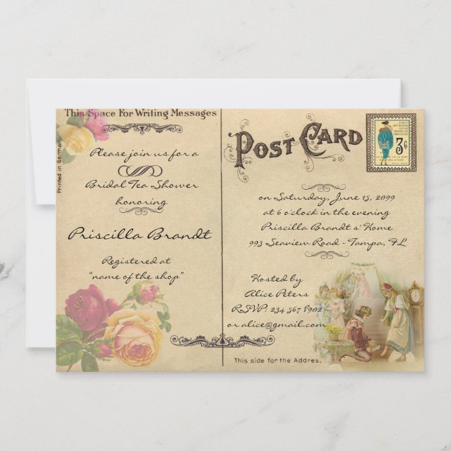 Ducha de té de novia honores, postal antigua estil (Anverso)