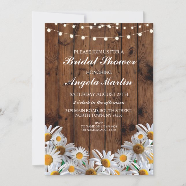 Ducha nupcial Daisy Wood Rústica Invitación floral (Anverso)